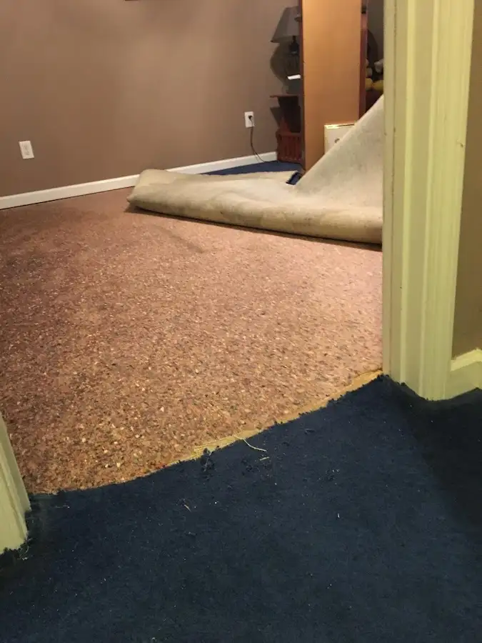 Carpet pad removal revealing water damage during Water Mitigation Services in Oak Lawn